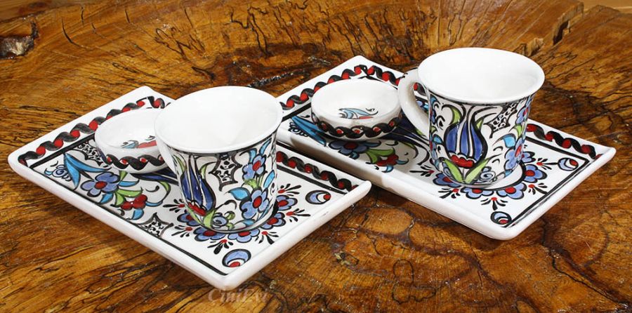 3 tulips pattern Iznik pottery wooden tray - 2
