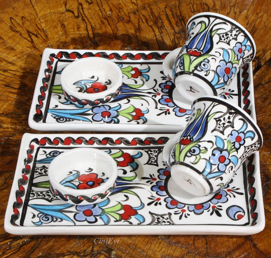 3 tulips pattern Iznik pottery wooden tray - 1