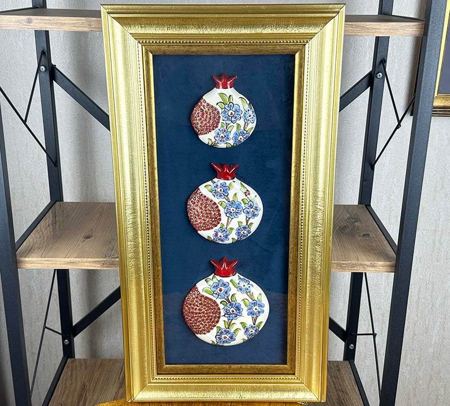 Academic Promotion Gift: Blue Flower Motif Triple Ceramic Passe-Partout Pomegranate Panel - 1