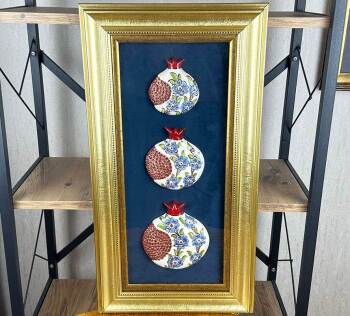 Academic Promotion Gift: Triple Iznik Ceramic Pomegranate Panel with Blue Flower Motifs - Çini Evi