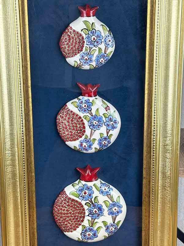 Academic Promotion Gift: Triple Iznik Ceramic Pomegranate Panel with Blue Flower Motifs - 3
