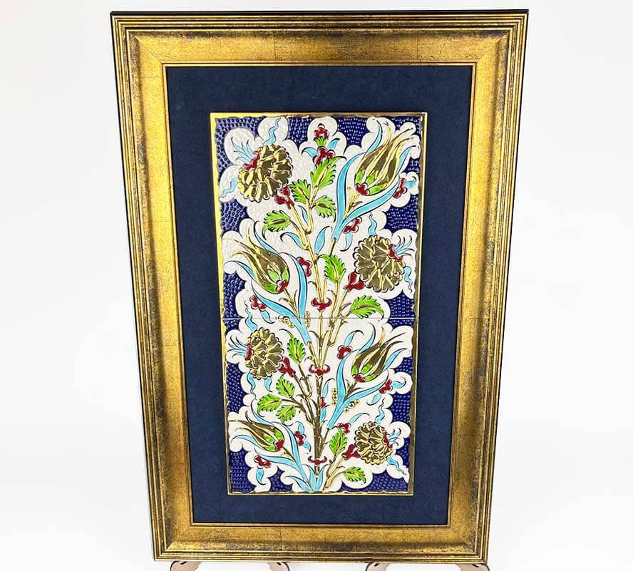 Altın Detaylı Lale ve Karanfil Bahçesi İznik Çini Pano 40 x 20 cm - 1