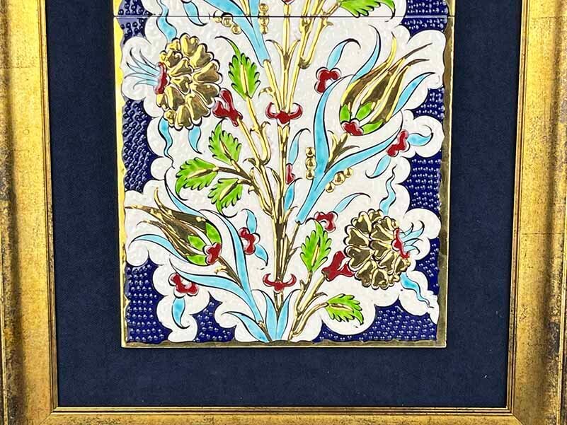 Altın Detaylı Lale ve Karanfil Bahçesi İznik Çini Pano 40 x 20 cm - 3