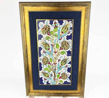 Altın Detaylı Lale ve Karanfil Bahçesi İznik Çini Pano 40 x 20 cm - Çini Evi