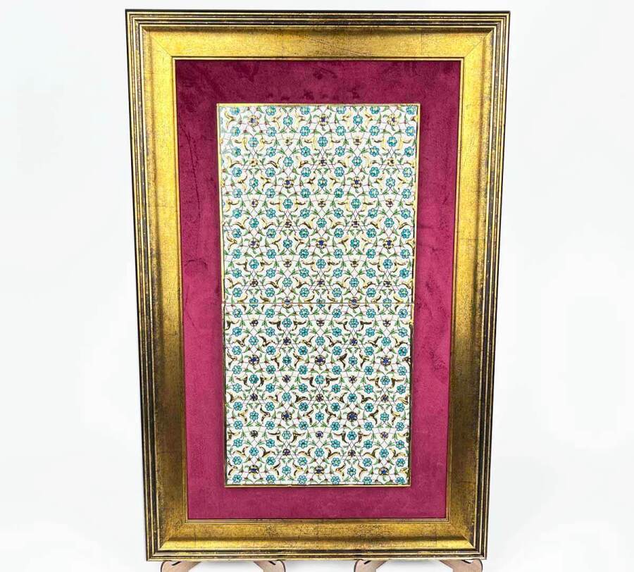 Altın Detaylı Turkuaz Çiçek Bahçesi İznik Çini Pano 40 x 20 cm - 1