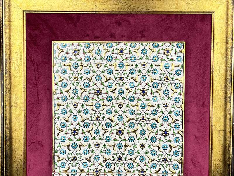 Altın Detaylı Turkuaz Çiçek Bahçesi İznik Çini Pano 40 x 20 cm - 3