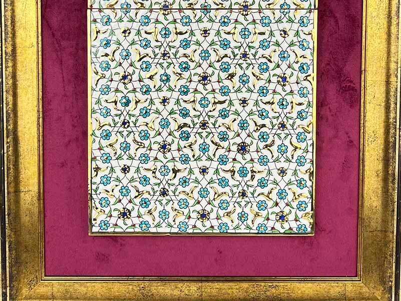 Altın Detaylı Turkuaz Çiçek Bahçesi İznik Çini Pano 40 x 20 cm - 4