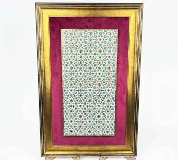Altın Detaylı Turkuaz Çiçek Bahçesi İznik Çini Pano 40 x 20 cm - Çini Evi