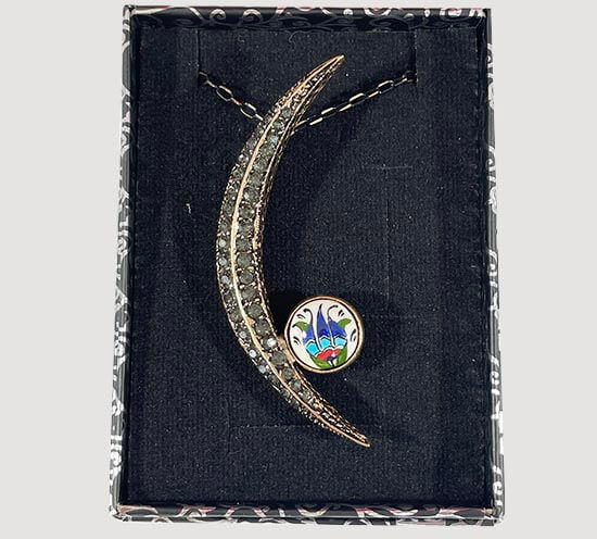 Anemone Motif Half Moon Iznik Ceramic Bronze Necklace - 2