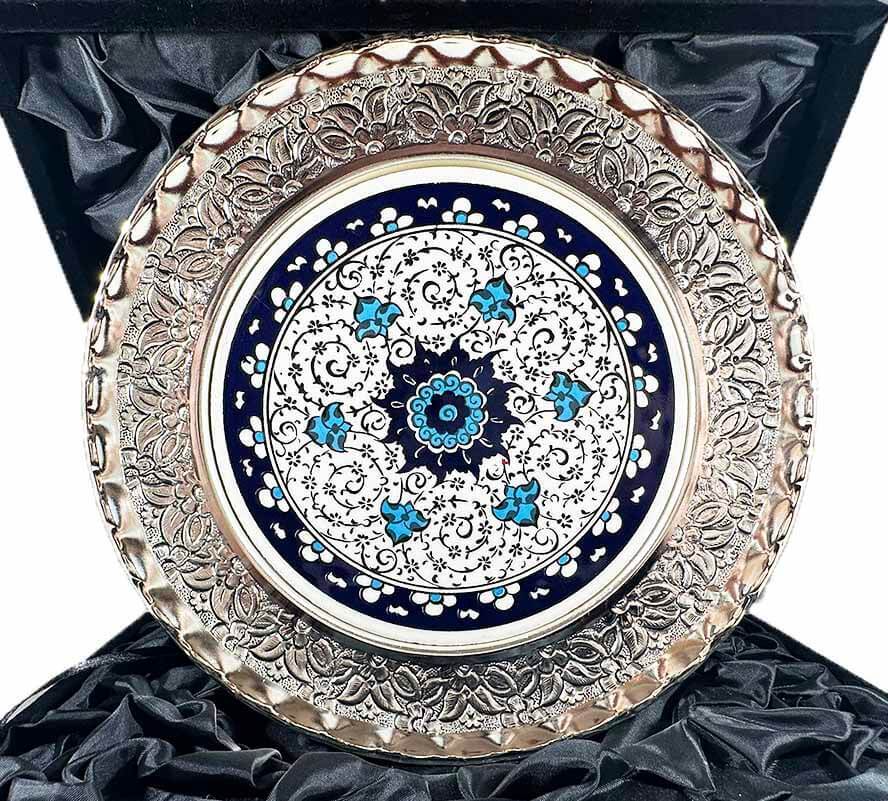 Assiette décorative en céramique d’Iznik – Cadeau de visite institutionnelle – placage en argent 925 – 25 cm - 1