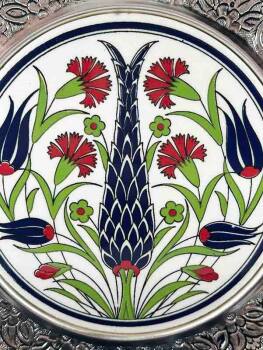 Assiette décorative en céramique d’Iznik à motif cyprès avec placage en argent 925 – 25 cm - 3