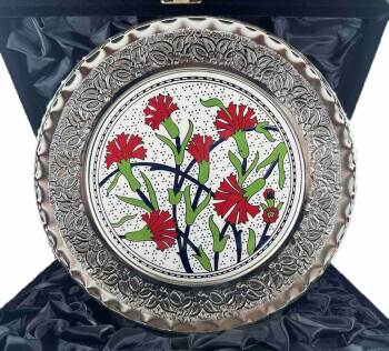Assiette décorative en céramique d’Iznik à motif œillet – Cadeau pour enseignant – argent 925 – 25 cm - Çini Evi