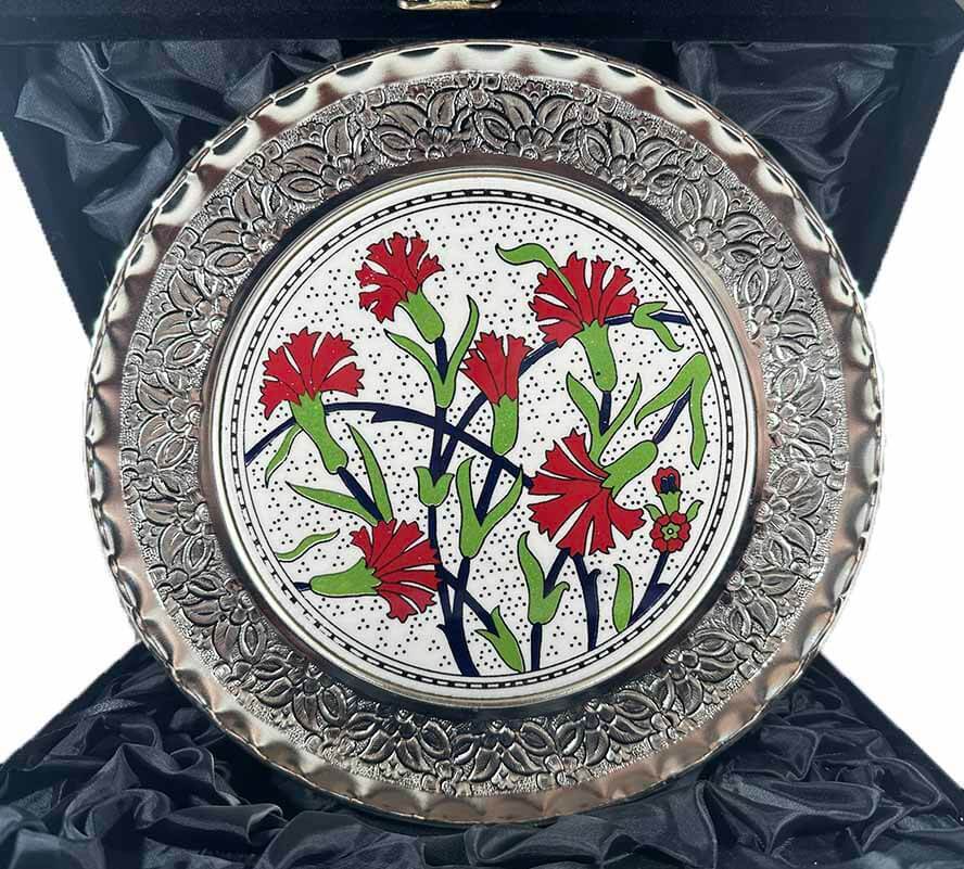 Assiette décorative en céramique d’Iznik à motif œillet – Cadeau pour enseignant – argent 925 – 25 cm - 1