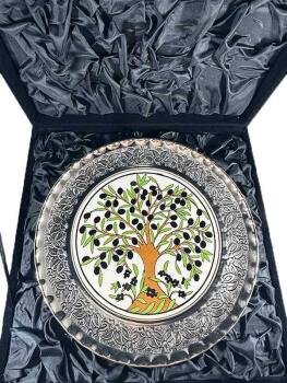 Assiette décorative en céramique d’Iznik à motif olivier – placage en argent 925 – 25 cm - 3