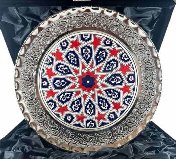 Assiette décorative en céramique d’Iznik à motif étoile seldjoukide avec placage en argent 925 – 25 cm - Çini Evi