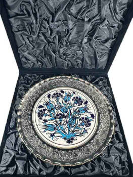 Assiette décorative en céramique d’Iznik à motifs tulipe bleue et œillet – placage en argent 925 – 25 cm - 3