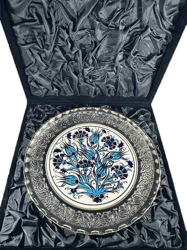 Assiette décorative en céramique d’Iznik à motifs tulipe bleue et œillet – placage en argent 925 – 25 cm - 3