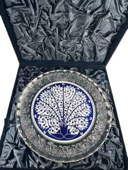 Assiette décorative en céramique à motif Haliç – 25 cm, bord argenté 925 - Çini Evi (1)