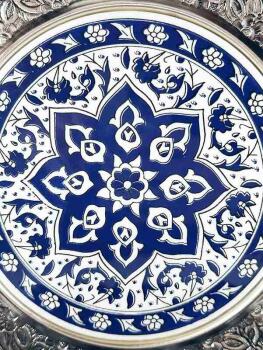 Assiette décorative à motif trèfle bleu en céramique d’Iznik avec placage argent 925 – 25 cm - 3