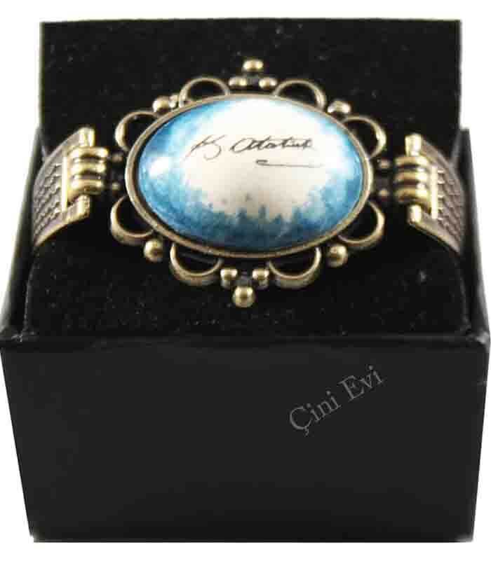Blue Background Ataturk Signature Ceramic Bracelet - 1