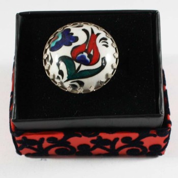 Bague Iznik à tulipe rouge solitaire - Çini Evi