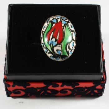 Bague Iznik à tulipe rouge solitaire - Çini Evi