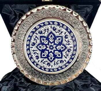 Blaues Kleeblatt-Muster – 925er Silberbeschichteter Dekorativer Teller - Çini Evi