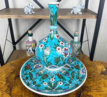 Blaugrund Nachtsgarten Motiv Iznik Keramik Vase und Teller Set Erstklassige Handarbeit - Çini Evi