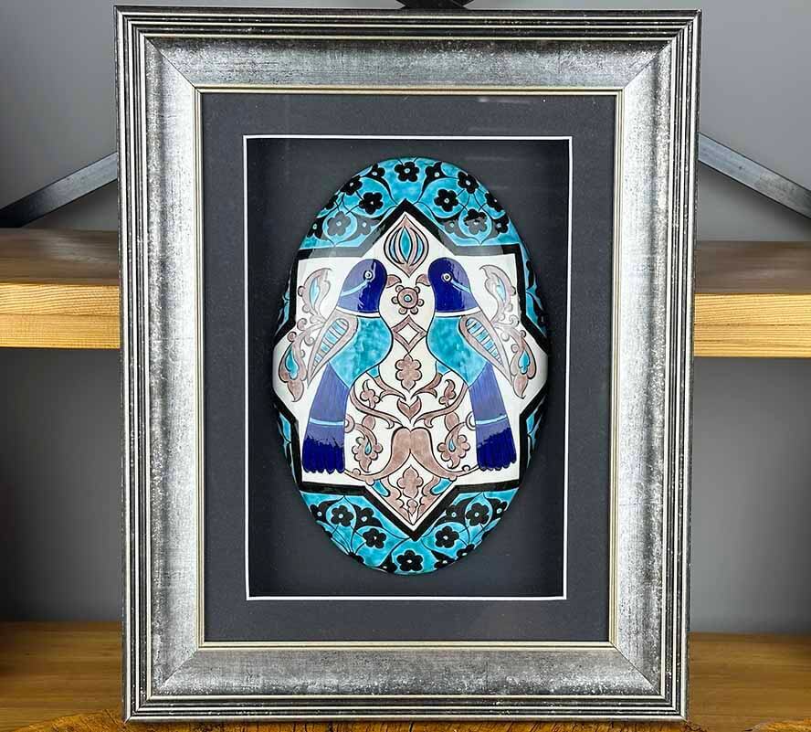 Blessed Guardian – Seljuk Bird Patterned Handmade Iznik Tile Panel with Matting - 1