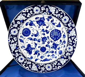 Blue and White Lotus Motif Iznik Ceramic Plate Gift for a District Governor - Çini Evi