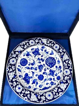 Blue and White Lotus Motif Iznik Ceramic Plate Gift for a District Governor - 3