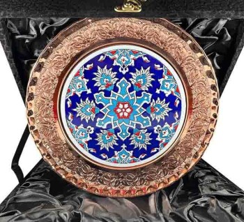 Blue Background Ceramic Patterned 25 cm Bronze Plate - Çini Evi