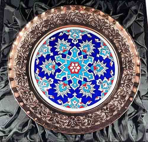 Blue Background Ceramic Patterned 25 cm Bronze Plate - 3