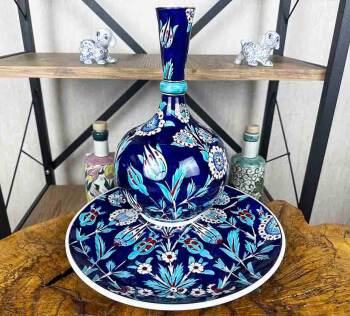 Blue Background Night Garden Motif Iznik Ceramic Vase and Plate Set - Çini Evi