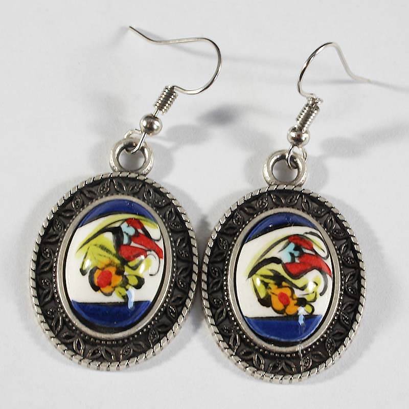 Blue Background Red Tulip Ceramic Earrings - 1