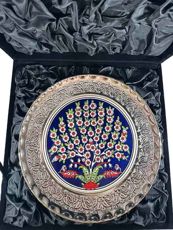 Blue Background Tree of Life Patterned Silver Decorative Plate - 3