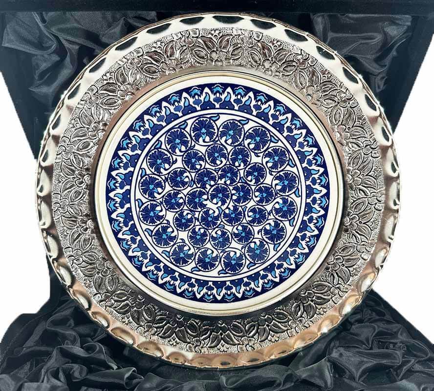 Blue Carnation Patterned Silver Decorative Plate - 1