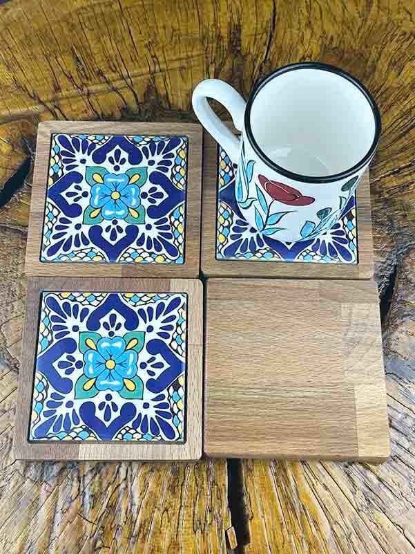 Blue Clover Motif Wooden Coaster Set - 2