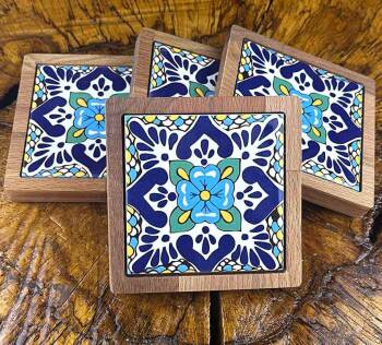 Blue Clover Patterned Wooden Coaster Set - Çini Evi
