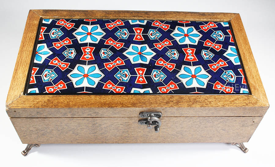 Blue Floor Tile Patterned Wooden Storage Box - 1