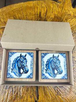 Blue Horse Motif Wooden Coaster Set - 3