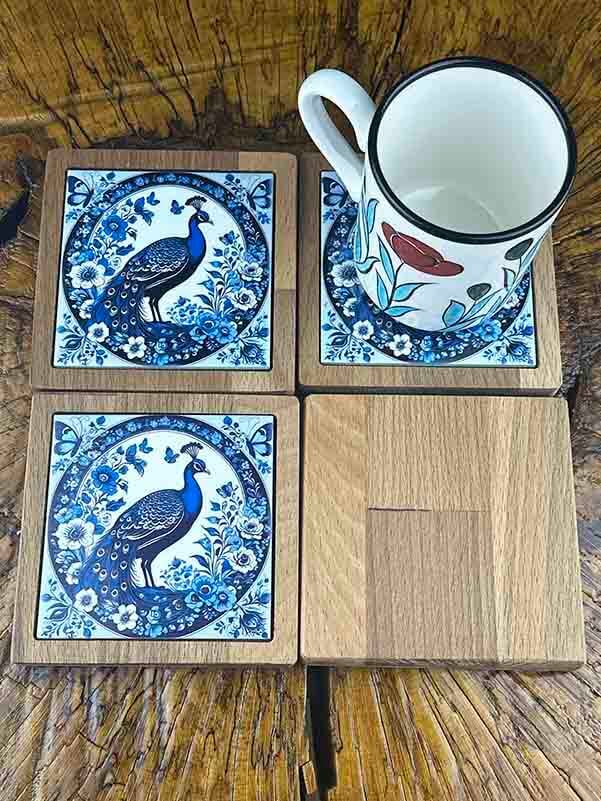 Blue Peacock Patterned Wooden Coaster Set - 2