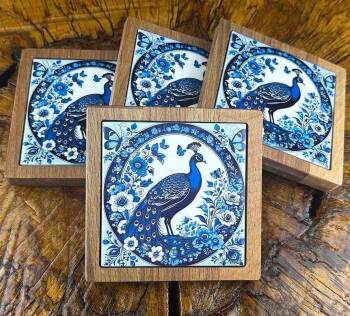 Blue Peacock Patterned Wooden Coaster Set - Çini Evi