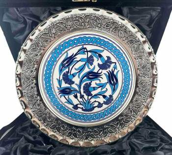 Blue Tulip and Carnation Silver Plate 25 cm - Çini Evi