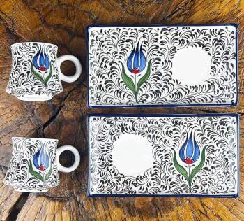 Blue Tulip and Halic Pattern Ceramic Coffee Presentation Set – Corporate Gift - Çini Evi