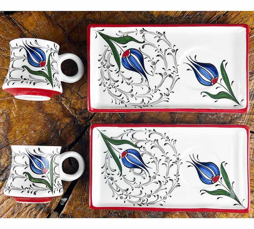 Blue Tulip Pattern Iznik Ceramic Coffee Presentation Set – Special Gift - 1
