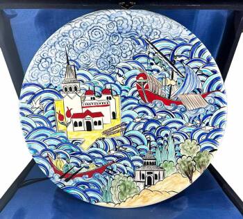 Blue Waves and Maiden's Tower Iznik Ceramic Plate - Çini Evi