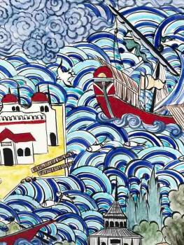 Blue Waves and Maiden's Tower Iznik Ceramic Plate - 2