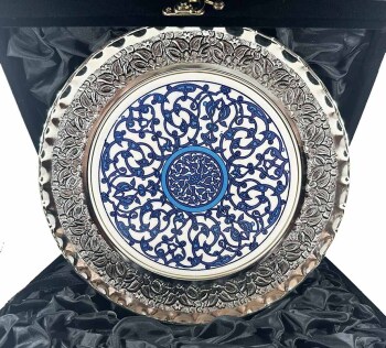 Blue and White Ceramic Silver-Plated Plaque - Çini Evi
