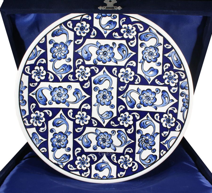 Blue White Lotus Patterned Iznik Pottery Plate - 1